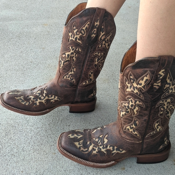 JOHNNY RINGO E1464 distressed brown leather with cheetah cowgirl boots  sz 7.5B - Picture 3 of 16